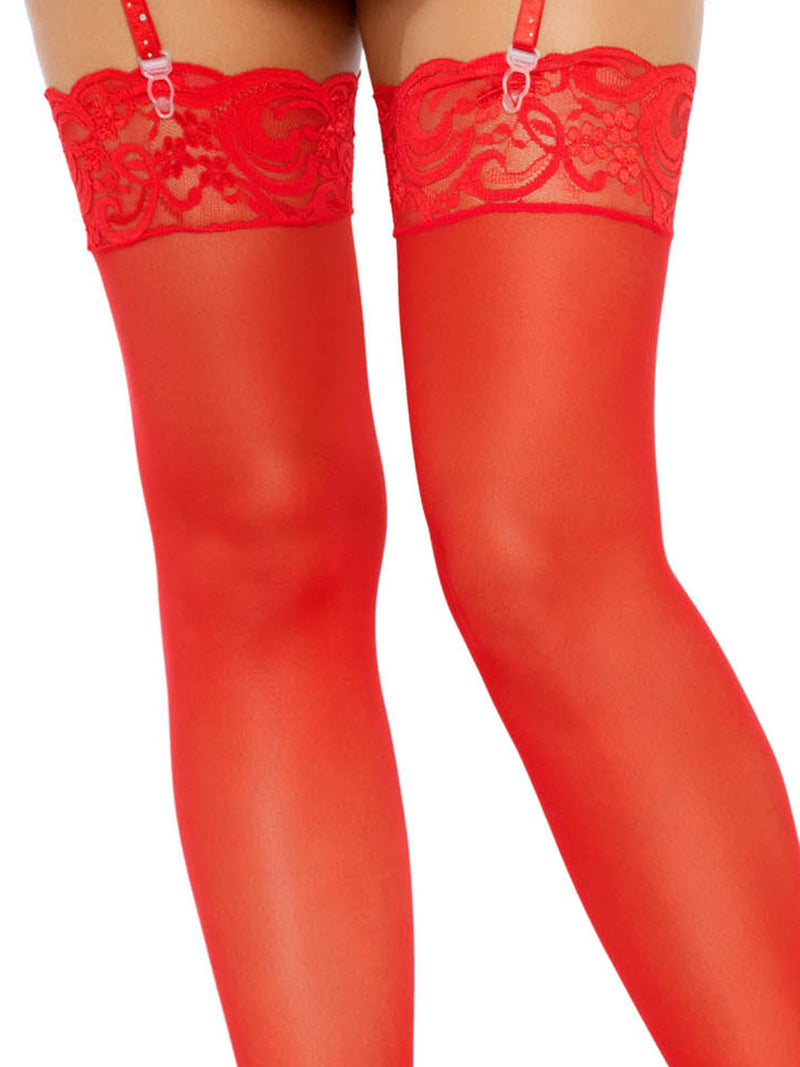 Alix Sheer Thigh High Stockings | Anya Lust Luxury Lingerie | Stretchy Red Sheer Thigh High Stockings with Lace Trim for Women