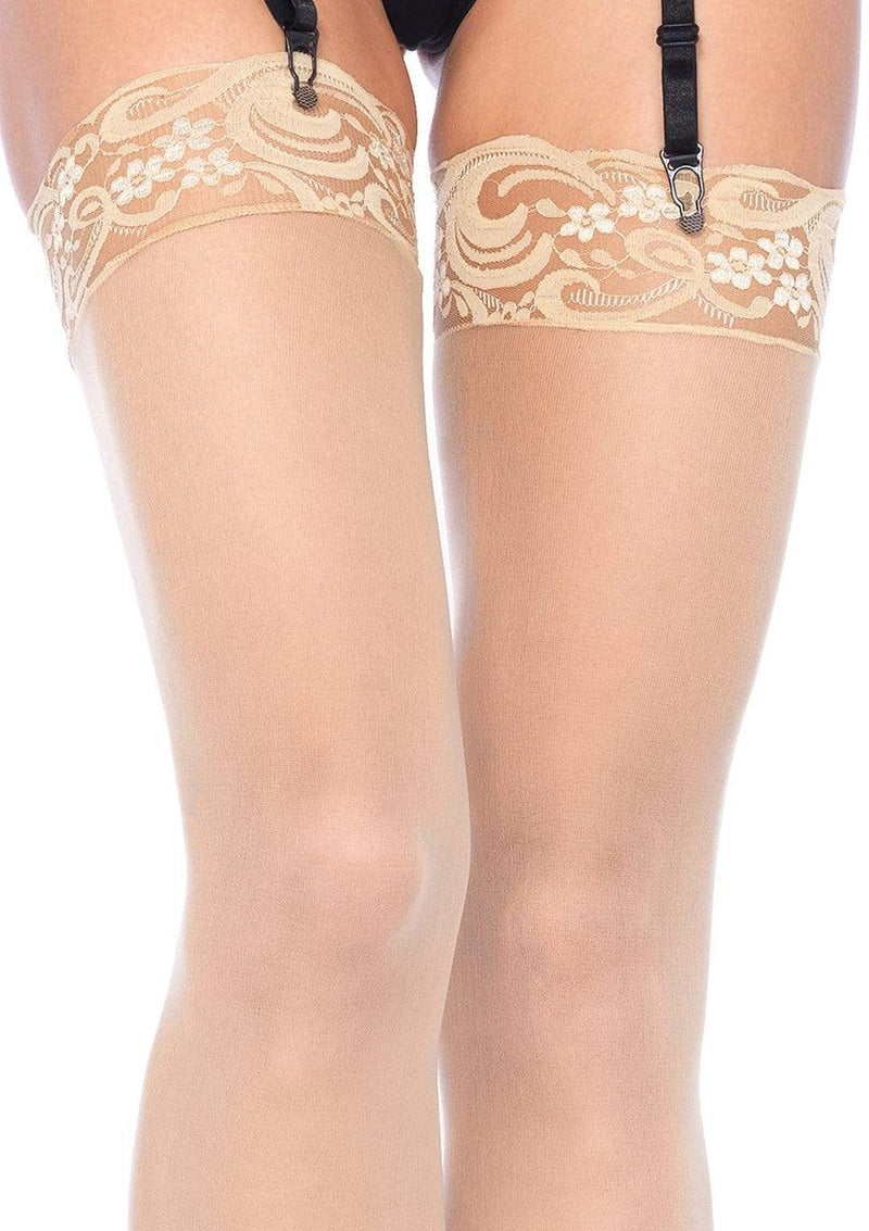 Alix Thigh High Plus Size Stockings | Anya Lust Luxury Lingerie | Nude Sheer Plus Size Hosiery with Lace Trim Detailing for women