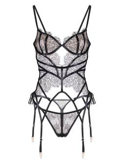 Amara Lace And Patent Leather Lingerie Set In Black | Anya Lust Luxury Lingerie | Luxury Lace Basque With Strappy Hand And Garter Straps And Matching Thong
