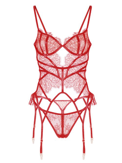 Amara Lace & Patent Leather Lingerie Set | Anya Lust Lingerie | Sexy Hot Red Luxury Lace Lingerie with Leather Cut Out and matching Thong
