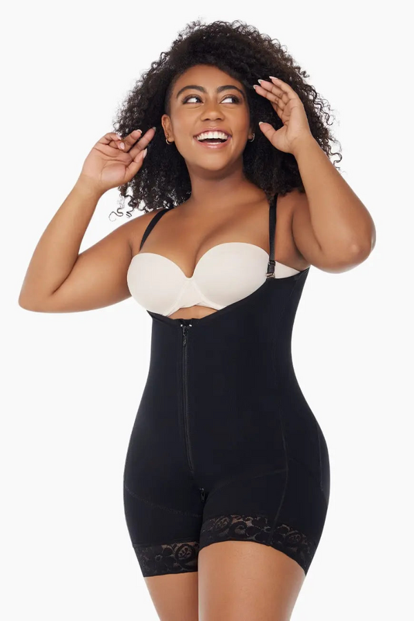 BBL Effect Chic Body Shaper | Anya Lust Luxury Shapewear | Black Compression Garment With Central Zipper And Lace Trim