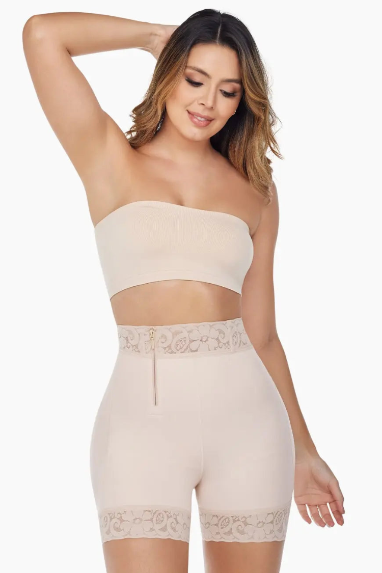 BBL Effect Easy Sculpt Hi-Cut Shorts | Anya Lust Luxury Shapewear | Nude BBL Effect Hi-Cut Shaping Shorts With Lace Trim For Women
