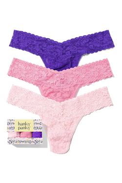 Ballerina 3-Pack Low Rise Lace Thongs in Printed Box Lipgloss | Anya Lust Lingerie | Stretch Lace Thong Set in Soft Romantic Colors for Everyday Wear