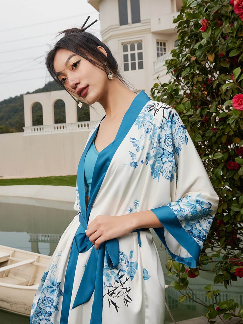 Bamboo Short Kimono Robe | Anya Lust Luxury Robes for Women | Ivory short kimono robe with blue floral and bamboo print and contrast trim