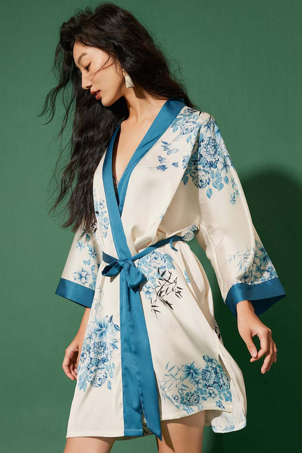 Bamboo Short Kimono Robe | Anya Lust Luxury Robes for Women | Bamboo floral kimono robe