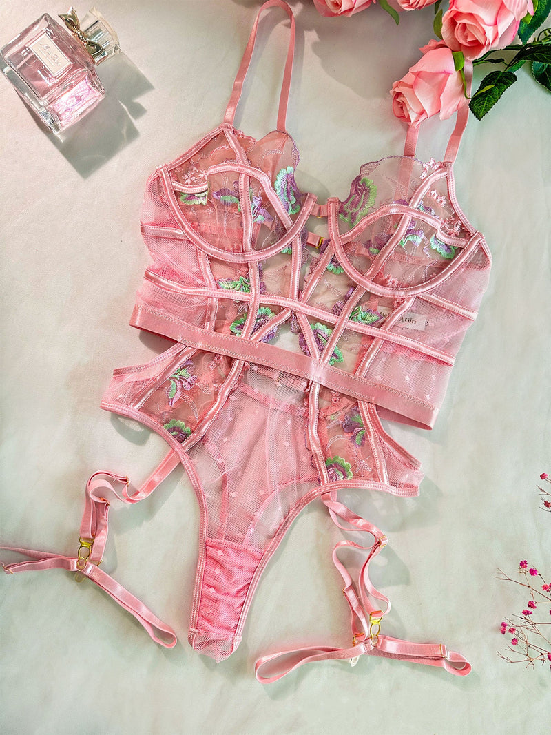 Bloom Embroidered Bodysuit | Anya Lust Luxury Lingerie | Seductive Bodysuit Lingerie With Baby Green And Purple Floral Embroidery