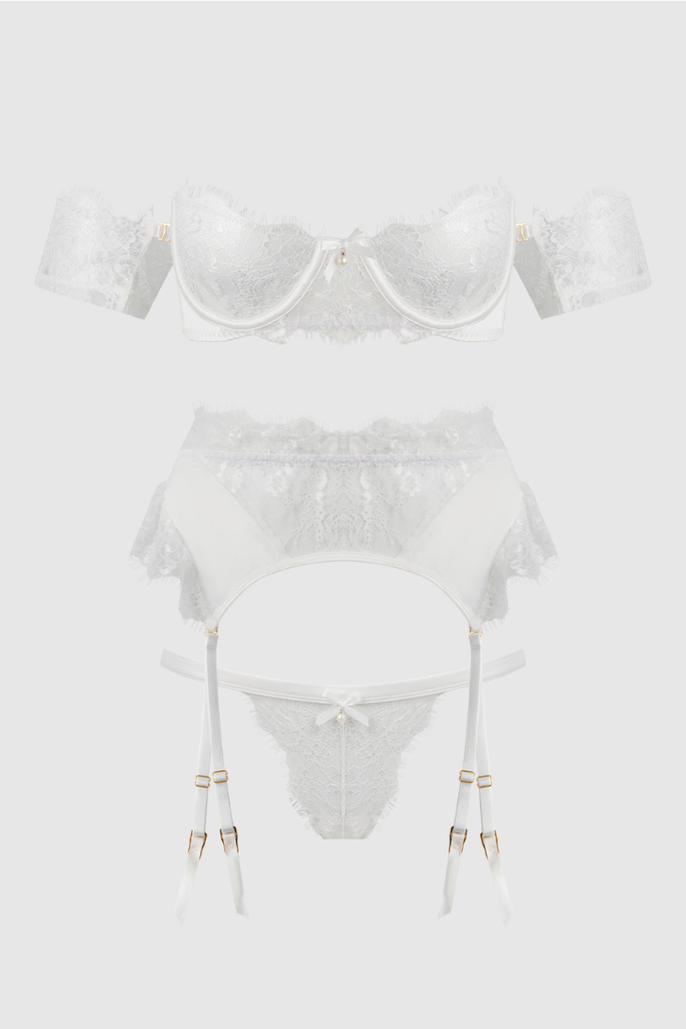 Bridal Satin and Lace Plus Size Lingerie Set | Anya Lust Luxury Lingerie | Plus Size Three Piece Wedding Lingerie Set With Detachable Sleeves