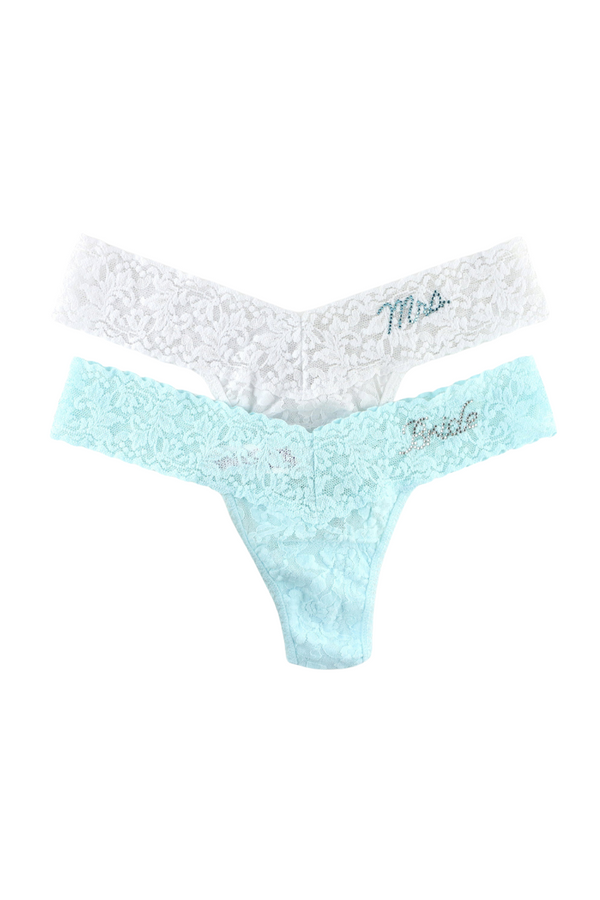 Bride and Mrs. Low Rise Thong Gift Set | Anya Lust Luxury Bridal Underwear for Women | Bridal Lace Thong Underwear in White Blue