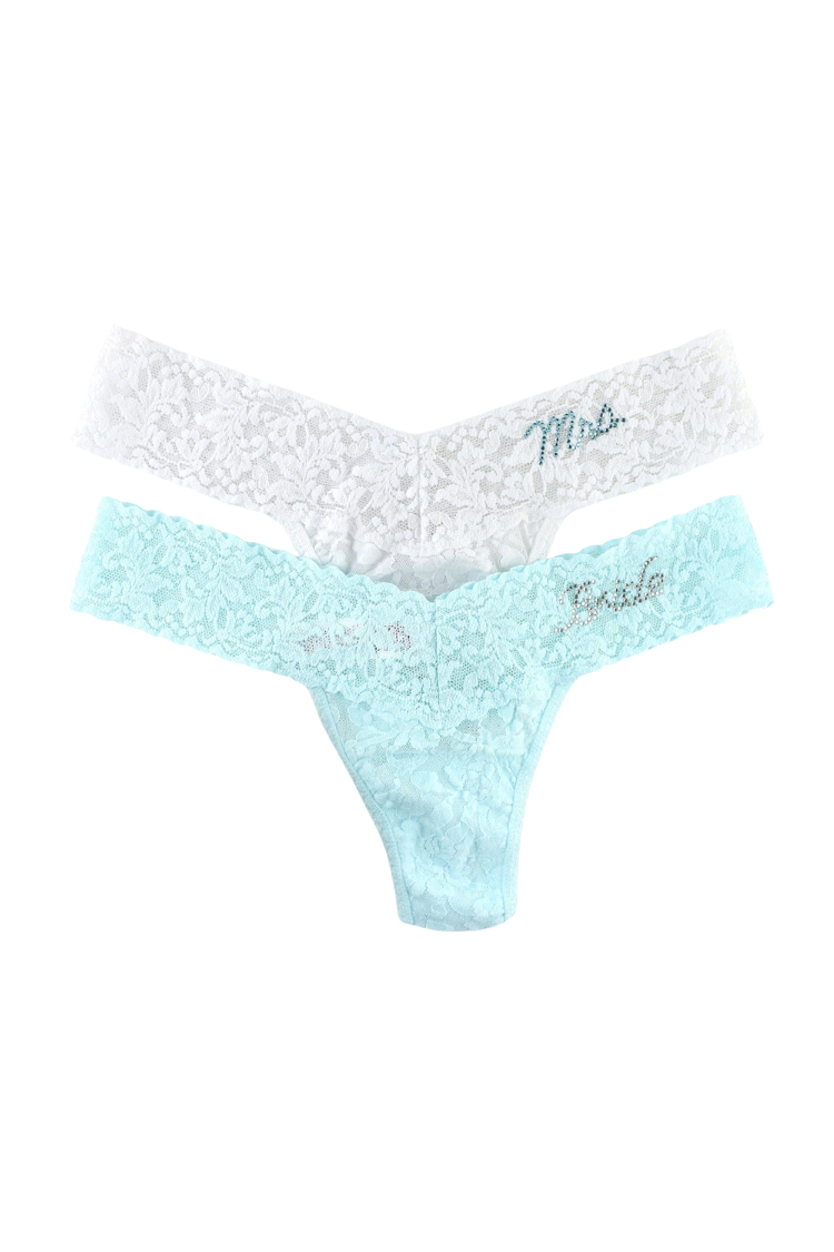 Bride and Mrs. Low Rise Thong Gift Set | Anya Lust Luxury Bridal Underwear for Women | Bridal Lace Thong Underwear in White Blue