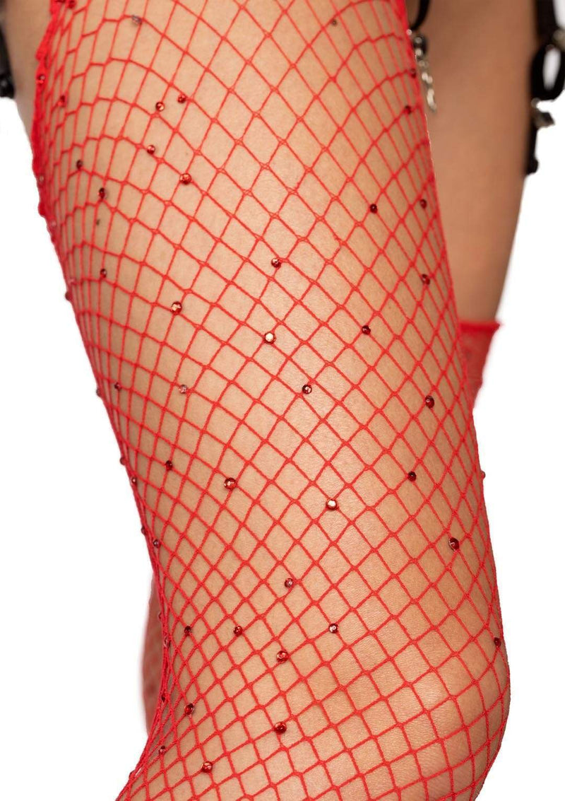 Brielle Rhinestone Fishnet Stockings | Anya Lust Luxury Lingerie | Hot Red  Fishnet Stockings with Rhinestone detailing 