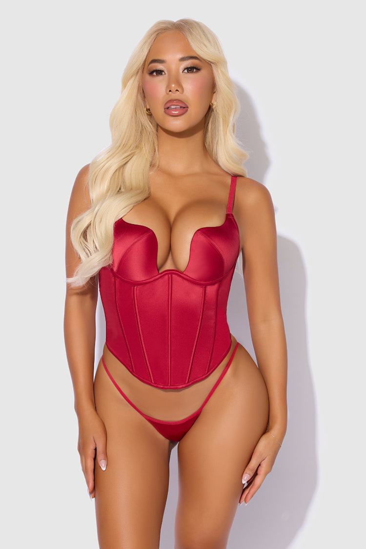 Brigeta Satin Bustier Lingerie Set | Anya Lust Luxury Lingerie | Crimson satin bustier with structured boning and matching thong