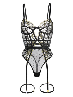 Cami Black And Gold Threaded Butterfly Bodysuit | Anya Lust Luxury Lingerie | Alluring Bodysuit With Gold Threaded Butterfly And Leg Straps