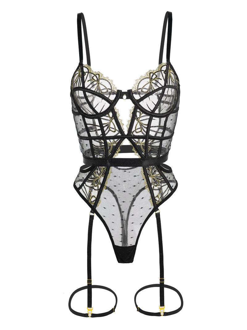 Cami Black And Gold Threaded Butterfly Bodysuit | Anya Lust Luxury Lingerie | Alluring Bodysuit With Gold Threaded Butterfly And Leg Straps