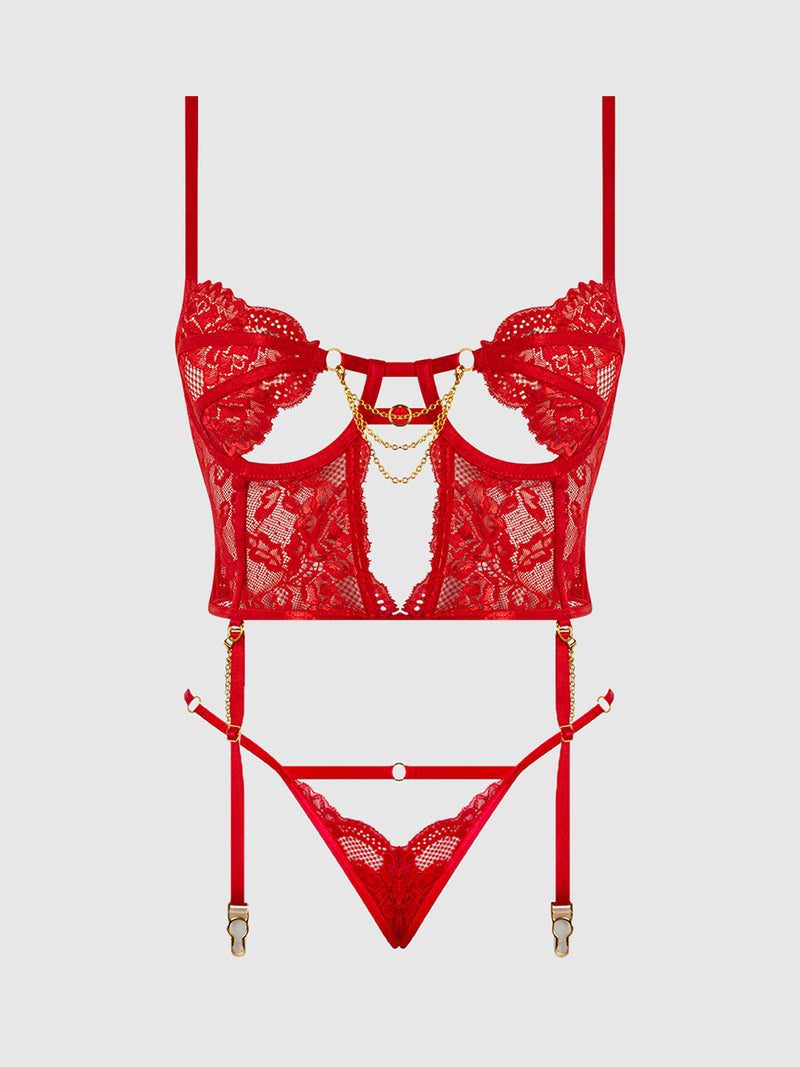 Cecily Lace And Chain Plus Size Bustier Lingerie Set | Anya Lust Luxury Lingerie | Erotic Red Bustier Set For Date Night