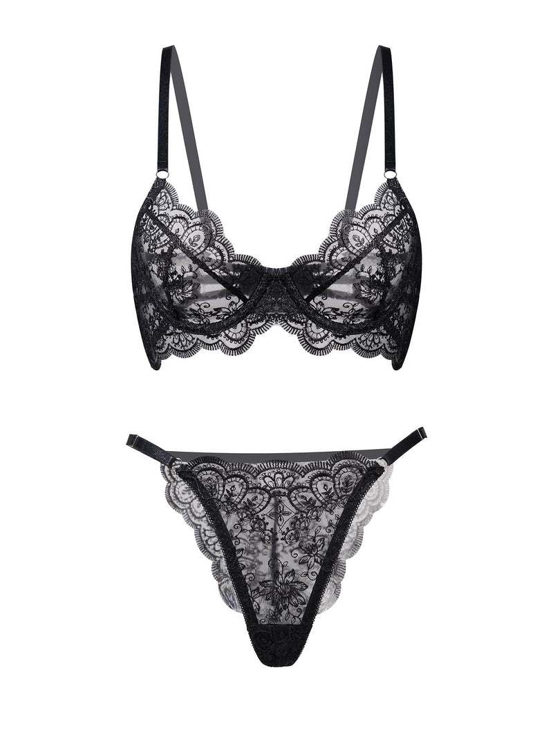 Celeste Lace Lingerie Set in Black | Anya Lust Luxury Lingerie | Romantic Black Lace Trim Lingerie Set with Adjustable Straps for Date Night