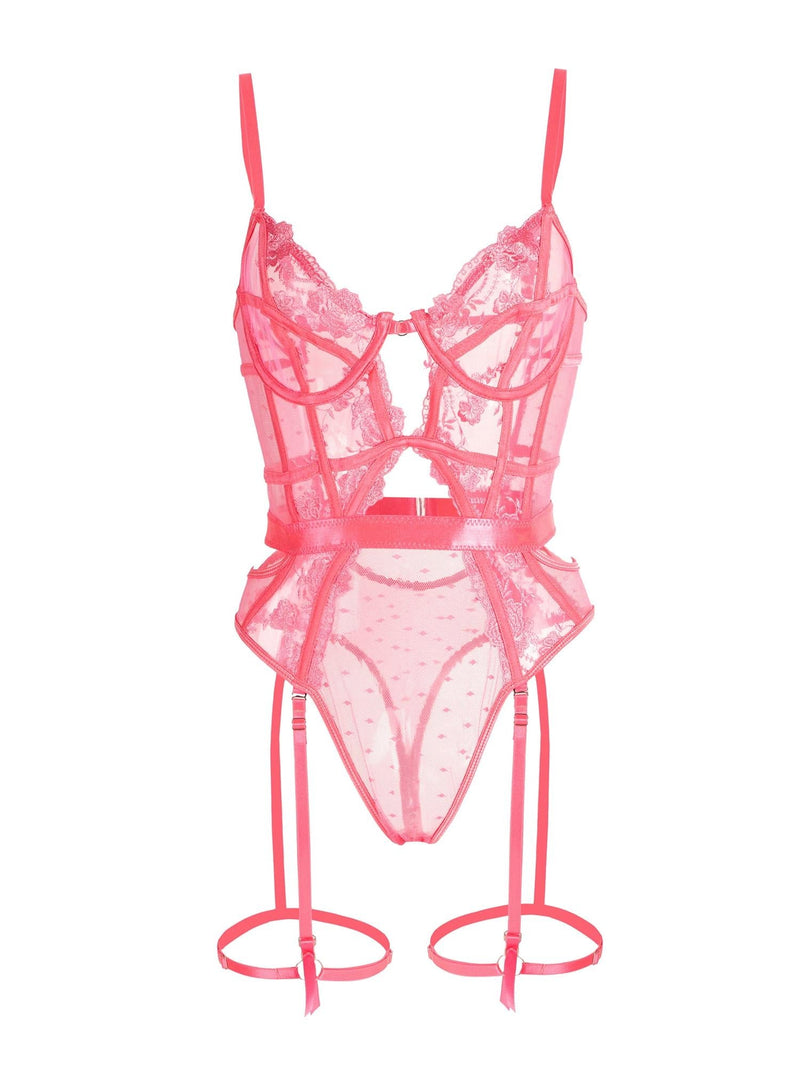 Claire Embroidered Lace Bodysuit In Barbie Pink | Anya Lust Luxury Lingerie | Barbie Pink Mesh Bodysuit With Satin Waistband