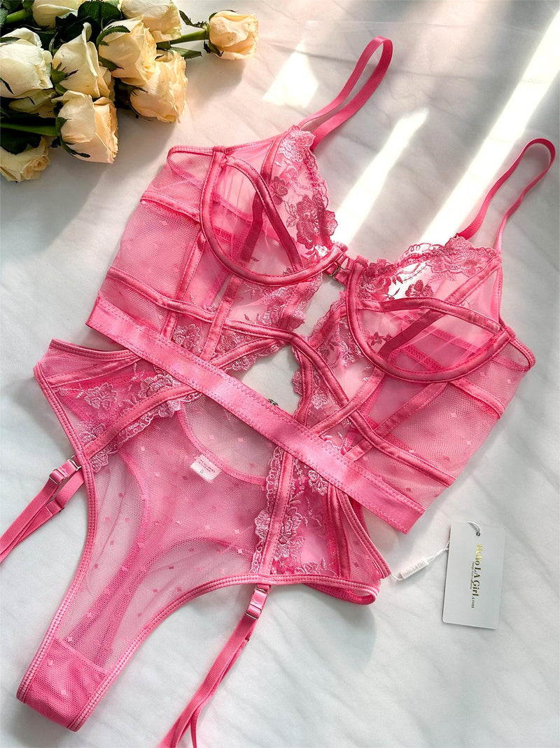 Claire Embroidered Lace Bodysuit In Barbie Pink | Anya Lust Luxury Lingerie | Romantic Pink Luxury Lingerie With Adjustable Straps