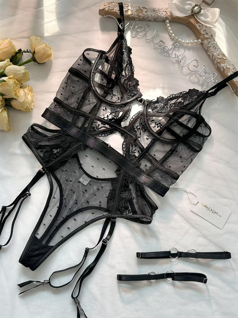Claire Embroidered Lace Bodysuit In Black | Anya Lust Luxury Lingerie | Sheer Lace And Mesh Bodysuit Lingerie With Boning