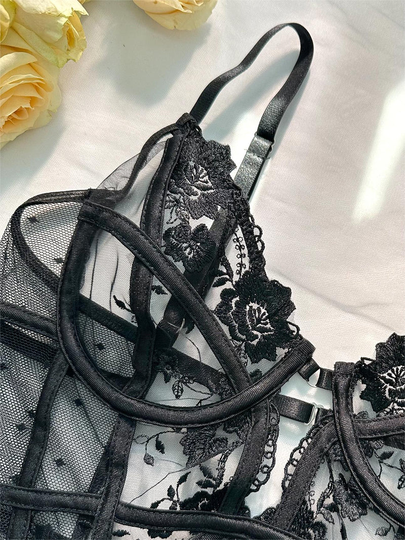 Claire Embroidered Lace Bodysuit In Black | Anya Lust Luxury Lingerie | Elegant Bodysuit For Date Night In With Garter Straps