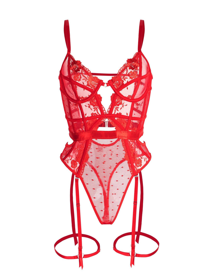 Claire Embroidered Lace Bodysuit In Red | Anya Lust Luxury Lingerie | Alluring Sheer Red Lace Bodysuit With Leg Straps