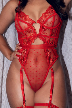 Claire Embroidered Lace Bodysuit In Red | Anya Lust Luxury Lingerie | Floral Embroidered Lace Bodysuit Lingerie For Valentines Day