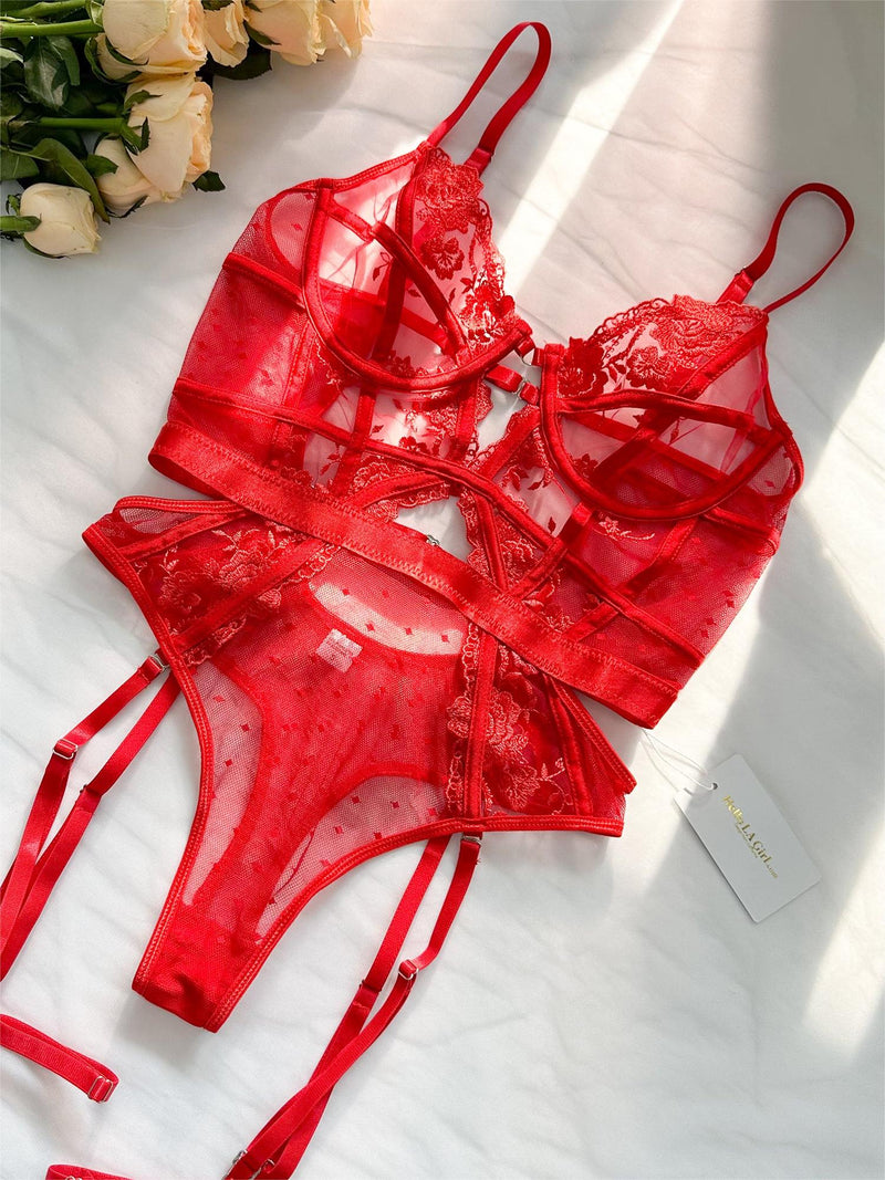 Claire Embroidered Lace Bodysuit In Red | Anya Lust Luxury Lingerie | Romantic Red Underwire Bst Bodysuit With Side And Front Cutouts