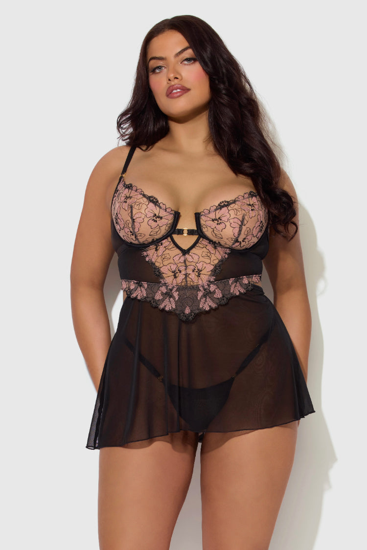 Nova Lace Plus Size Babydoll Set - Black