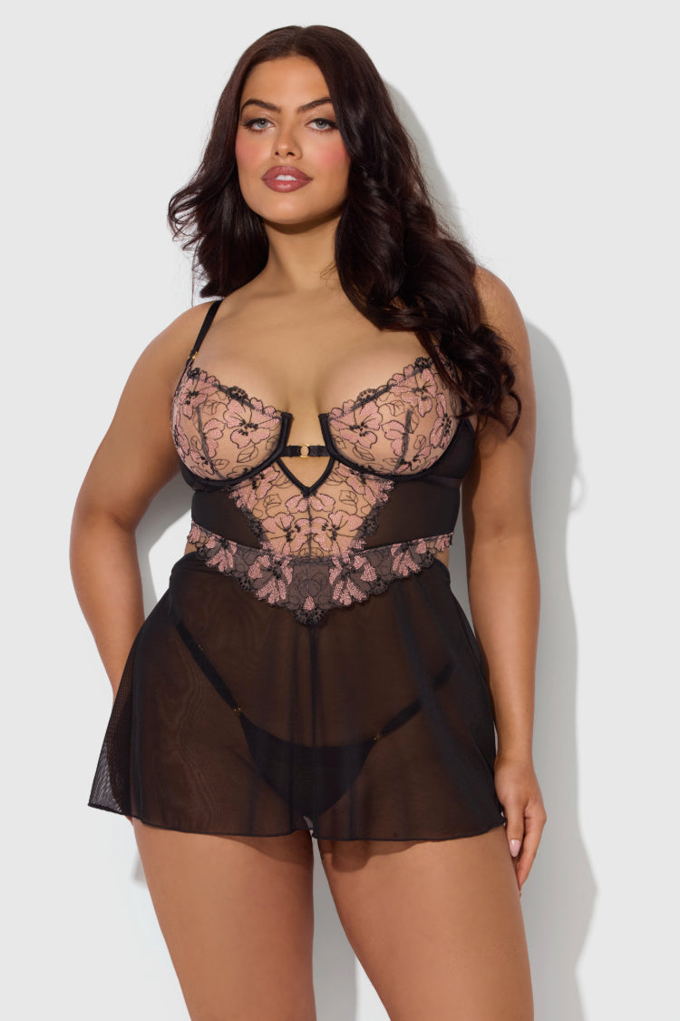 Nova Lace Plus Size Babydoll Set - Black