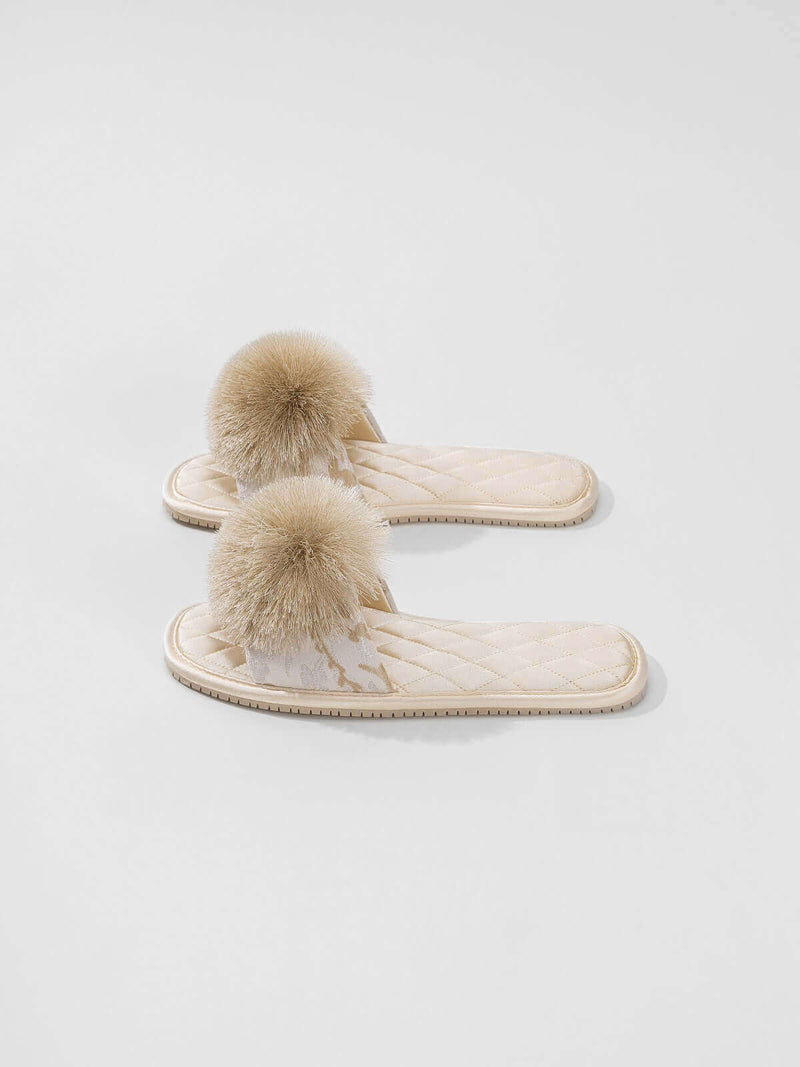 Embroidered Pom Pom Slippers