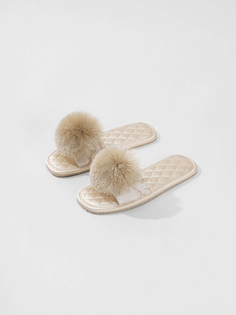 Embroidered Pom Pom Slippers