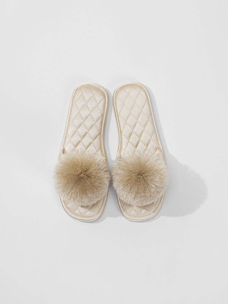 Embroidered Pom Pom Slippers