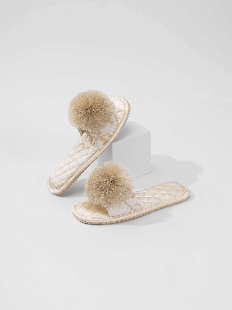 Embroidered Pom Pom Slippers