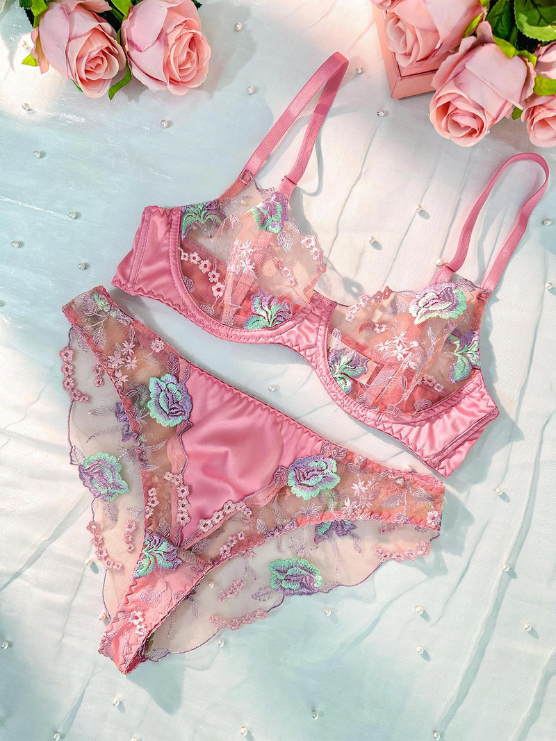 Pink Petals Embroidered Lingerie Set