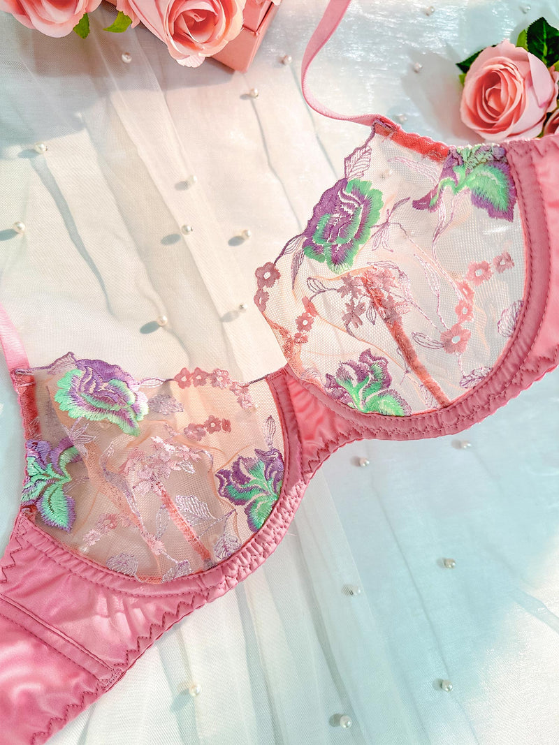 Pink Petals Embroidered Lingerie Set