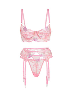 Bloom Embroidery Pearl Chain Lingerie Set - Pink