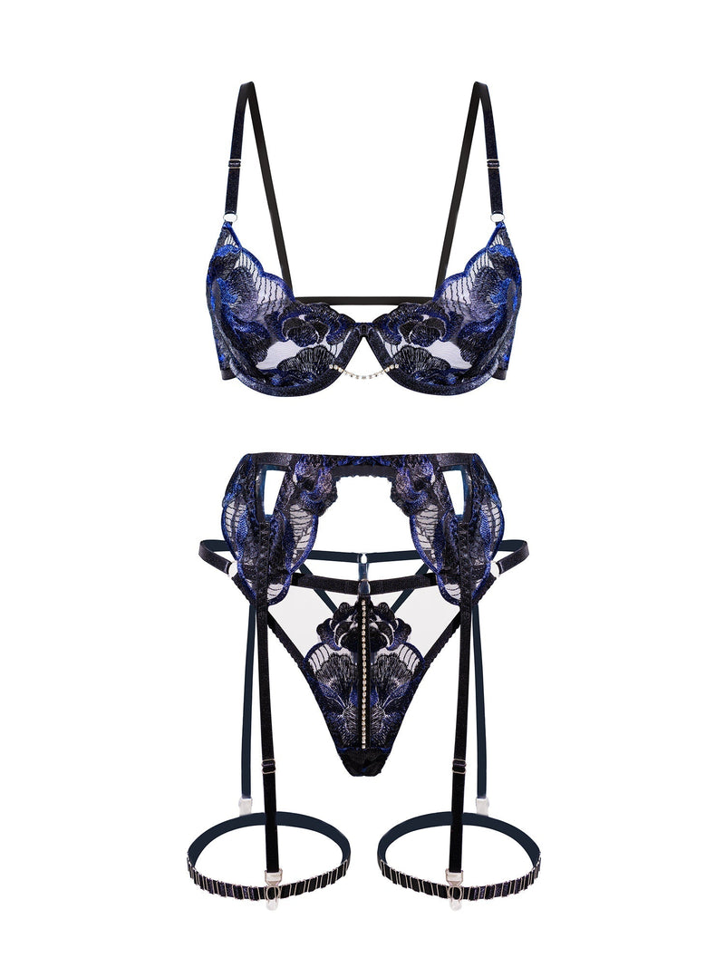Dahlia Black Embroidered Lingerie Set | Anya Lust Luxury Lingerie | Romantic Black Embroidered Lingerie Set For Date Night In