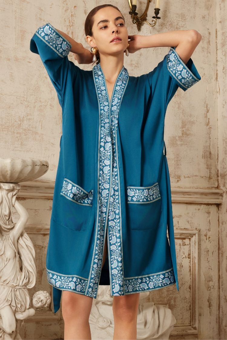 Dark Blue Embellished Flower Short Robe with Pockets | Anya Lust Robes