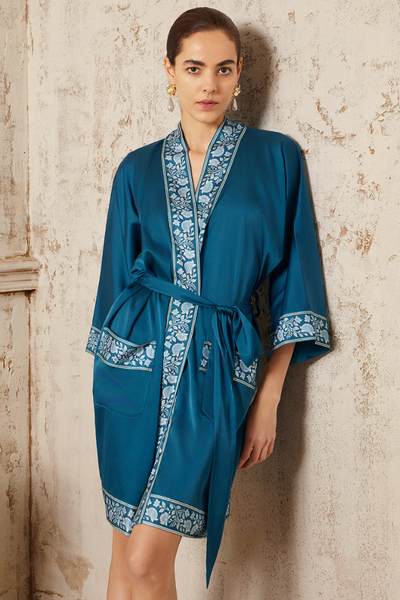 Dark Blue Embellished Flower Short Robe with Pockets | Anya Lust Robes