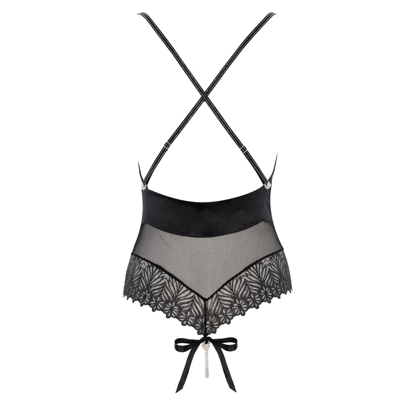 Destinos Pearl Bodysuit | Anya Lust Lingerie | Seductive Sheer black mesh lace Bodysuit with Adjustable Criss-Cross Back for Date Nights