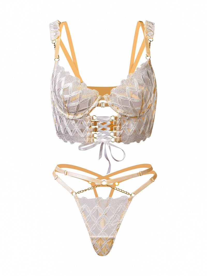 Ella White & Gold Embroidered Lingerie Set | Anya Lust Luxury Lingerie | Romantic White and Gold bra with matching thong and gold chain detailing for Wedding Nights