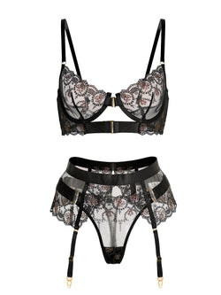 Eloise Sheer Black & Champagne Embroidered Lingerie Set | Anya Lust Luxury Lingerie | Sexy Sheer Black Embroidery Lace Lingerie with Adjustable Straps