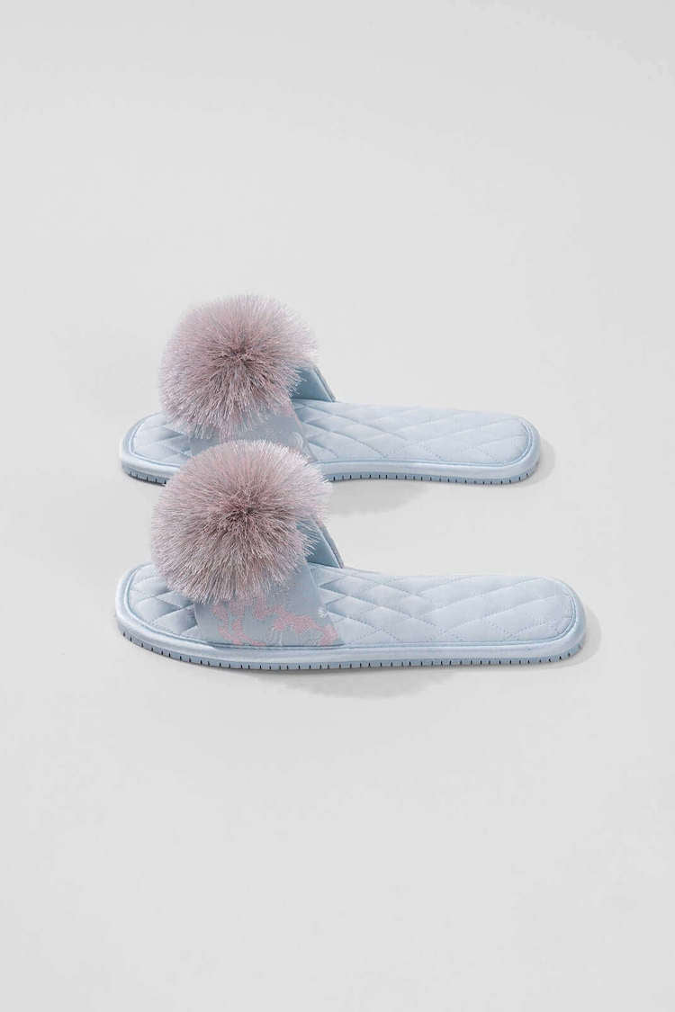 Embroidered Pom Pom Slippers