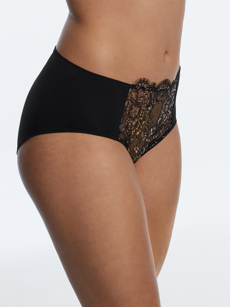 Entice Brief in Black & Rose Gold | Anya Lust Luxury Lingerie | Romantic gold and black Full Coverage Panty with cotton gusset