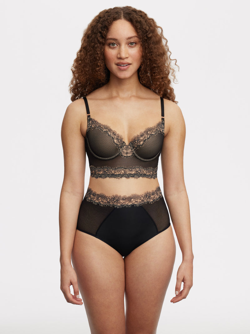 Entice Longline Bra | Anya Lust Luxury Lingerie | Alluring Black Gold-Toned Floral Lace Longline Bra with matching high waisted Panty