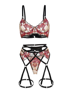 Esme Floral Sheer Lace Lingerie Set | Anya Lust Luxury Lingerie | Sexy Floral Lace Cut Out Detailing with matching Thong, Garter Belt 
