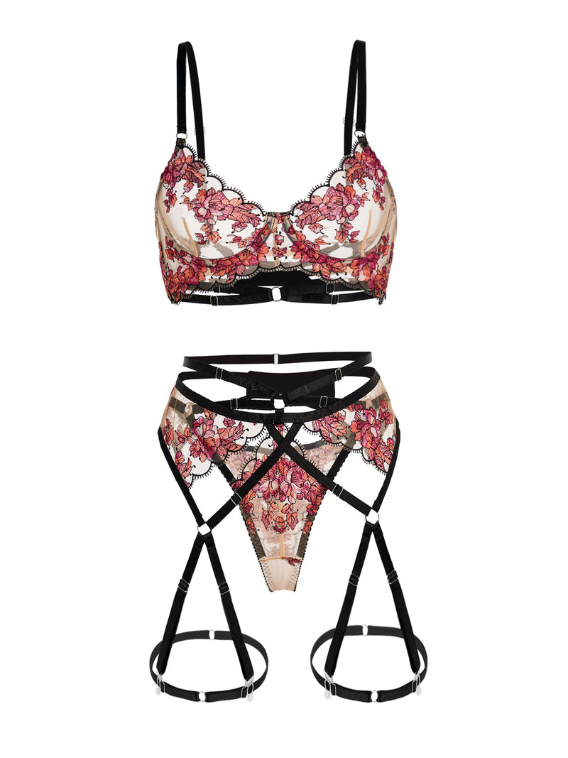Esme Floral Sheer Lace Lingerie Set | Anya Lust Luxury Lingerie | Sexy Floral Lace Cut Out Detailing with matching Thong, Garter Belt 