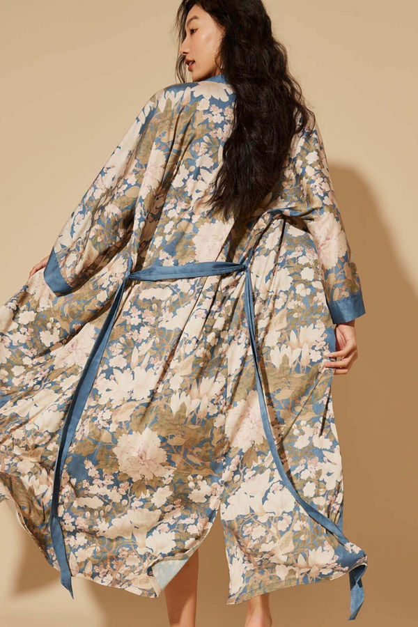 Floral Blue Kimono Robe | Anya Lust Luxury Robe | Blue Charmeuse Kimono Robe With Belt