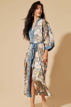 Floral Blue Kimono Robe | Anya Lust Luxury Robe | Full Length Floral Blue Kimono Robe For Sleep 