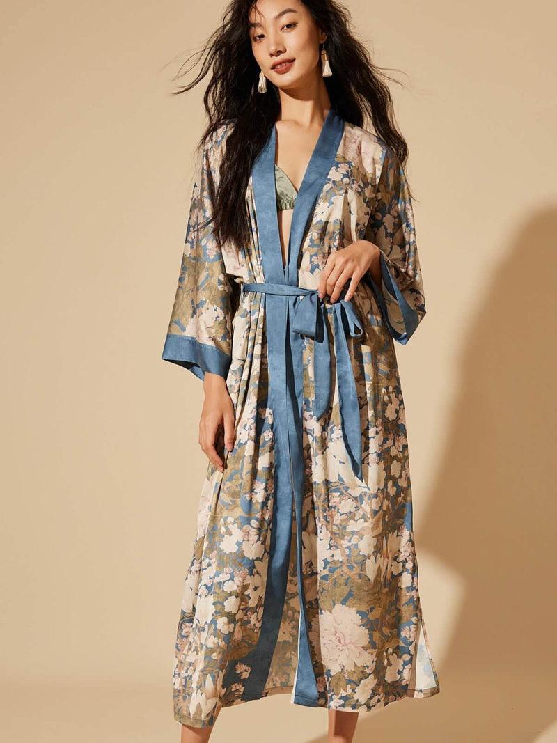 Floral Blue Kimono Robe | Anya Lust Luxury Robe | Alluring Silk Kimono Robe For Bridal Party 