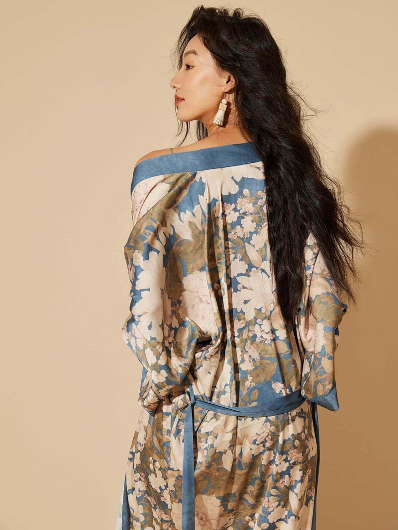 Floral Blue Kimono Robe | Anya Lust Luxury Robe | Romantic Long Blue Satin Floral Dressing Gown For Women 